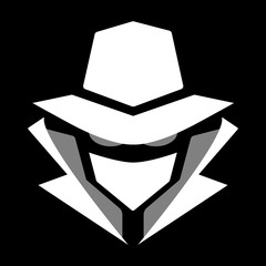Mysterious computer hacker icon. White and grey. Isolated on black