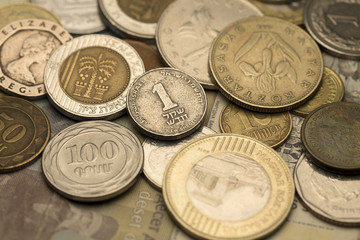 Different kinds Coins from the all World in the Detail