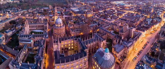 Aerial evening view of central Oxford, UK