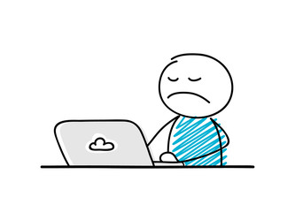 Funny stickman with angry facial expression working on laptop. Vector.