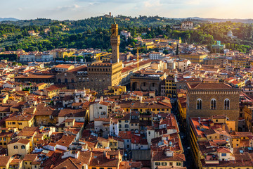 Fototapeta premium Aerial view of Florence and Palazzo Vecchio in Piazza della Signoria in Florence, Italy. Architecture and landmark of Florence.