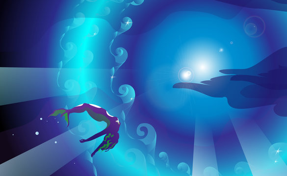 Purple mermaid, on sea background, vector illustration.