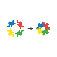 Vector icon concept of gear shaped puzzle pieces connect