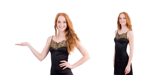 A girl in elegant black mini dress isolated on white