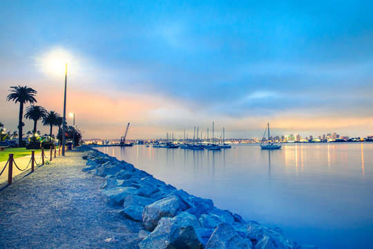 Beautiful San Diego California at the waterfront at sunset with water, palm trees, boats and skyline