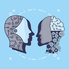 Artificial Intelligence design with robotic heads over blue background, colorful design vector illustration