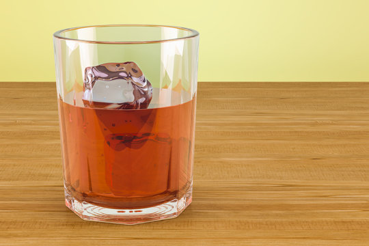 Glass with alcohol drink and ice on the wooden table. 3D rendering