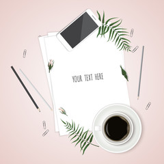 Naklejka premium Paper, pencil, phone and coffee on the table. Top view desktop. Vector template for your design