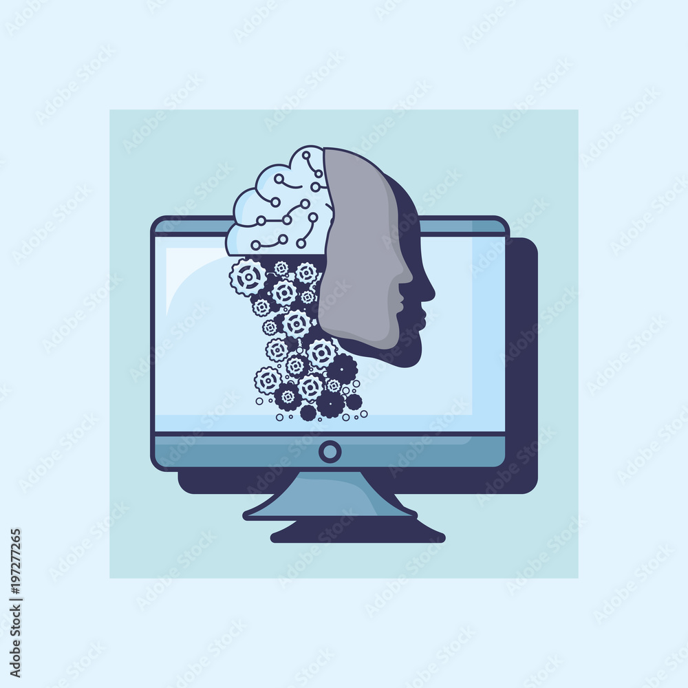 Poster artificial intelligence design with computer and robotic head over blue background, colorful design 