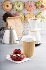 Berry shortcake donuts with coffee to go