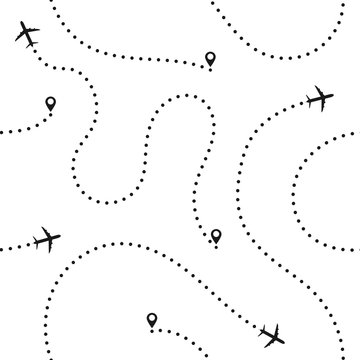 Travel concept seamless pattern. Abstract airplane routes. Travel and tourism seamless background with dotted airplane routes