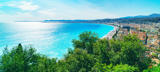 Front panoramic view of the Mediterranean sea, bay of Angels, Nice, France. Horizontal long wallpaper. Top view panorama, copy space background.