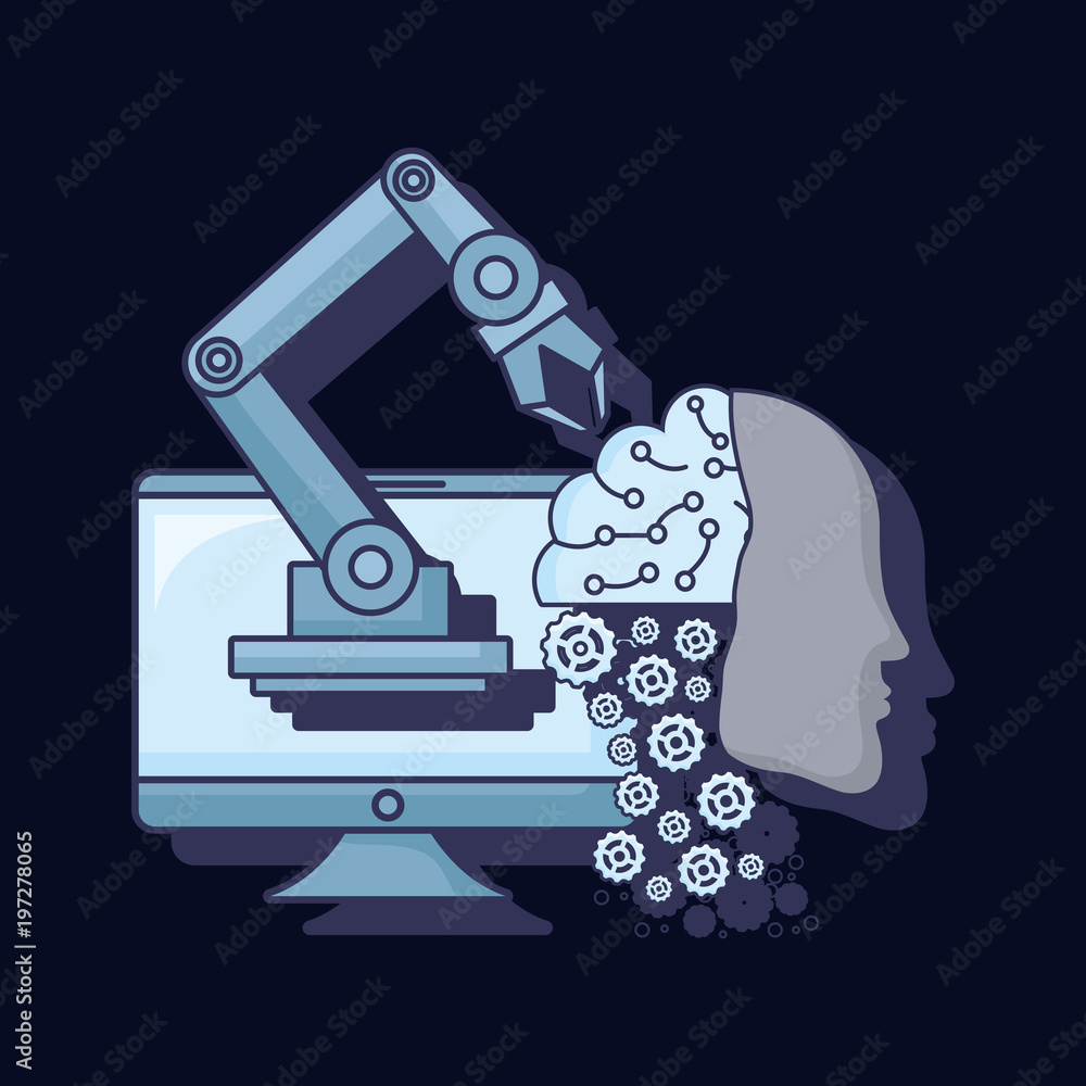 Poster artificial intelligence design with robotic head and arm with computer over black background, colorf