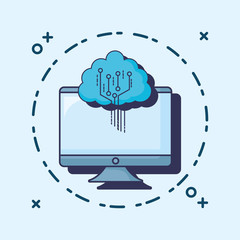 Computer with cloud storage icon over blue background, colorful deign vector illustration