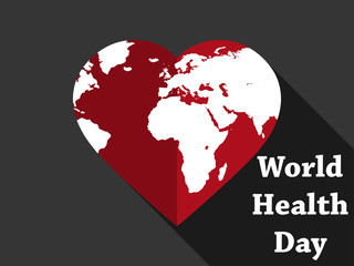 World Health Day. Planet earth in the heart with a long shadow. Flat style. Vector illustration