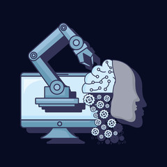 Artificial Intelligence design with robotic head and arm with computer over black background, colorful design vector illustration