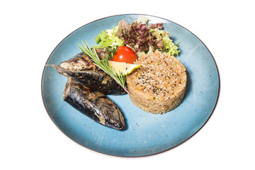 fried fish with garnish of rice isolated on white background