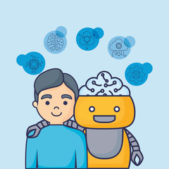 cartoon Robot with artificial intelligence related icons over background, colorful design vector illustration