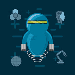 Robot with artificial intelligence related icons over blue background, colorful design vector illustration