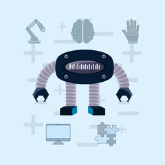 Robot with artificial intelligence related icons over blue background, colorful design vector illustration