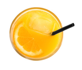 Glass of orange juice with ice isolated on white, top view
