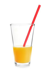 Half full glass of orange juice on white background