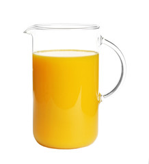 Jug with orange juice on white background
