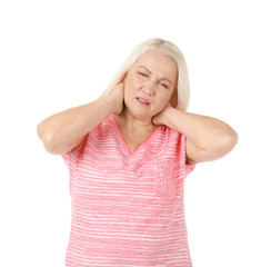 Woman suffering from neck pain on white background
