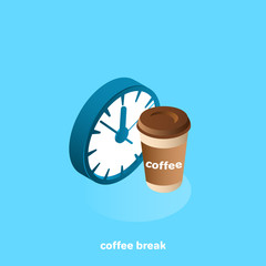 a glass of coffee and a clock on a blue background, an isometric image, a coffee break