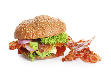 Tasty burger with bacon on white background