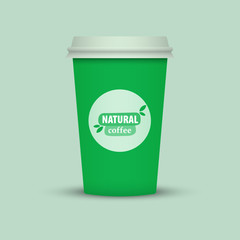 Green Coffee cup vector illustration. Paper coffee cup icon isolated on background. Plastic coffee cup with words Natural Coffee