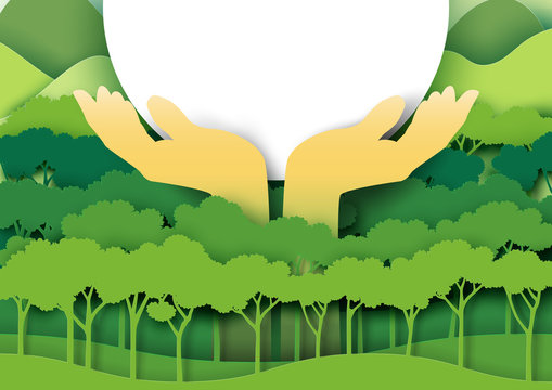 Save the world with ecology and environment conservation concept.Green forest and urban landscape paper art style.Vector illustration.
