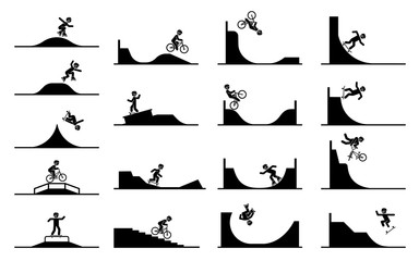 Illustration in form of pictograms which represent doing acrobatics  with roller skates, bicycle and skateboard. Tricks and stunts. Riding on a ramp. Enjoyment in extreme adrenaline sport.