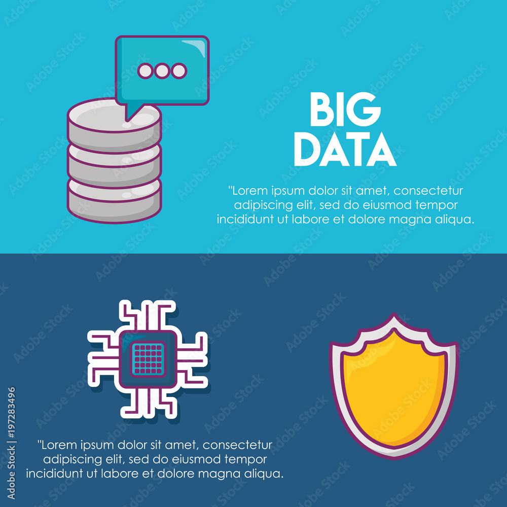 Poster infographic of big data concept with data server and shield icon over colorful background, vector il