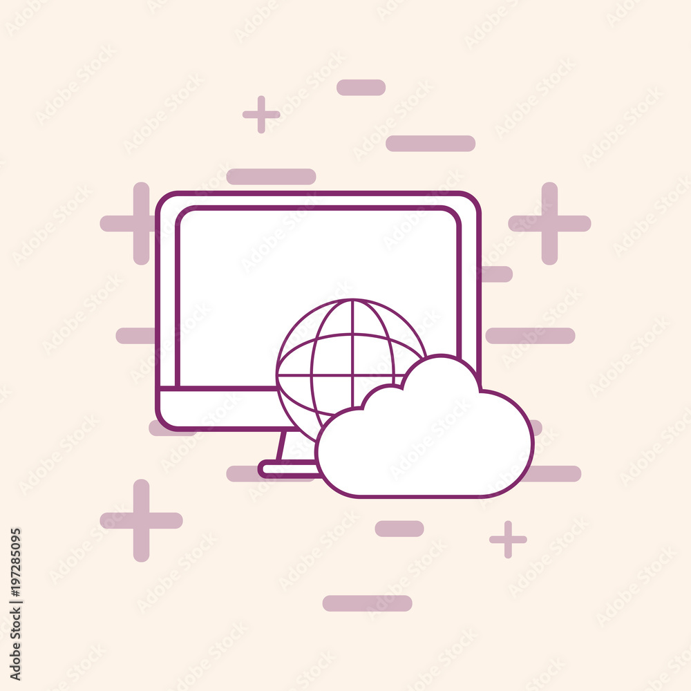 Poster big data design with computer and global sphere and cloud over white background, vector illustration