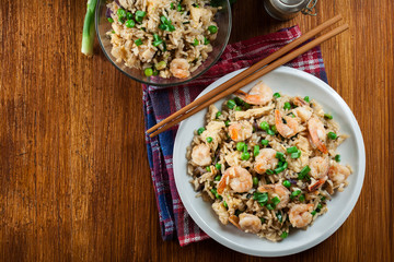 Fried rice with shrimp and vegetables served on a plate