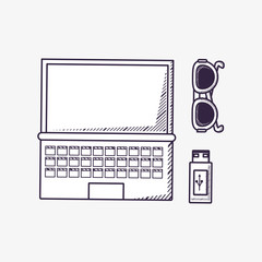 Laptop computer with sunglasses and usb over white background, sketch design. vector illustration