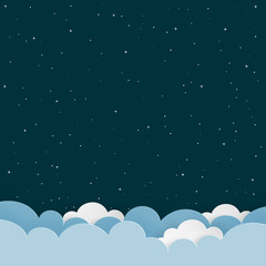 Fototapeta na wymiar Dark night sky background with paper clouds and stars. Blank space background with copy-space. Children room, baby nursery wallpaper, print cover, scrapbook. Vector Illustration.