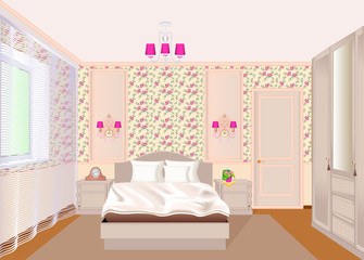 Illustration of a bedroom interior with light floral wallpaper, bed, bedside tables and a wardrobe.