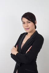 Asian business woman with open hand for showing something isolated on white background.