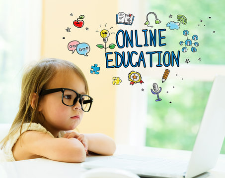 Online Education text with little girl using her laptop
