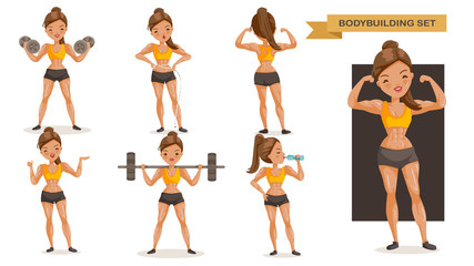 Bodybuilding woman set. many views of exercise. front, side, rear,  body with muscles of beautiful cartoon. cute girl in a fitness suit. Strong lifestyle concept, vector illustrations Isolated 