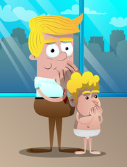 Happy smiling successful businessman and father with hands over mouth with his son. Vector cartoon character illustration.