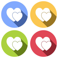 2 hearts. Simple icon. Set of white icons with long shadow on blue, orange, green and red colored circles. Sticker style