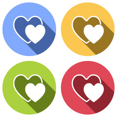 2 hearts. Simple icon. Set of white icons with long shadow on blue, orange, green and red colored circles. Sticker style