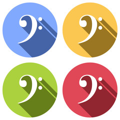 Bass Clef icon. Set of white icons with long shadow on blue, orange, green and red colored circles. Sticker style