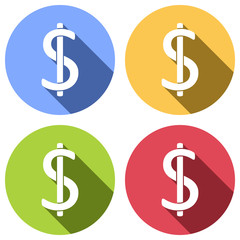 Dollars sign and USD symbol icon. Set of white icons with long shadow on blue, orange, green and red colored circles. Sticker style