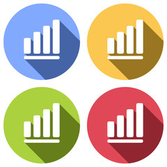 Growing graph line icon. Set of white icons with long shadow on blue, orange, green and red colored circles. Sticker style