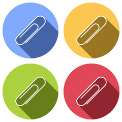 Paper clip icon. Set of white icons with long shadow on blue, orange, green and red colored circles. Sticker style