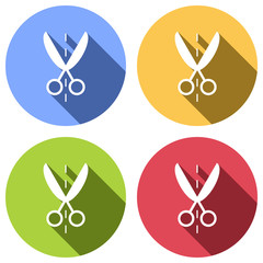 Scissor icon. Set of white icons with long shadow on blue, orange, green and red colored circles. Sticker style